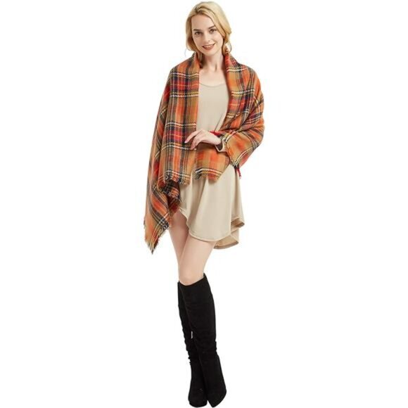 Women's Fall Winter Checkered Classic Tassel Plaid Tartan Warm Soft Chunky Scarf - Picture 5 of 7